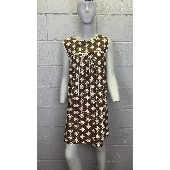 Vtg 70s Milly of New York Brown White Geometric Mini Dress Keyhole Back Bow SM - Picture 9 of 10